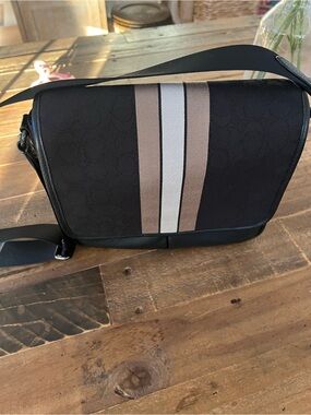 Coach Black Messenger Bag with Tan and Cream Stripes